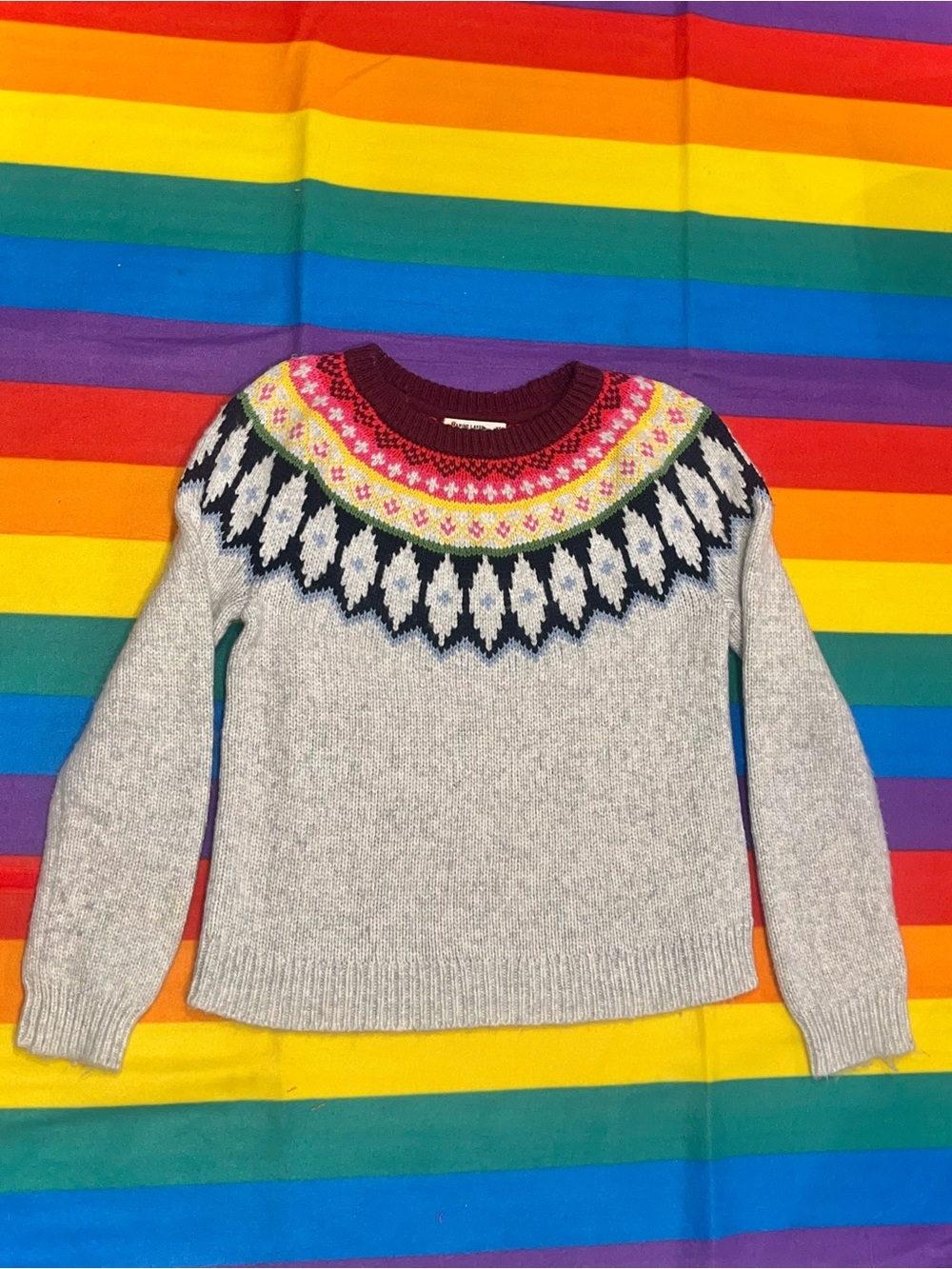 Marine Layer Fair Isle Nordic Crewneck Sweater in Cream w/ Multicolor Rainbow